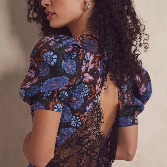 Free People Bodysuit XS • Floral Puff Sleeve Lace Trim Boho Top - Picture 2 of 4